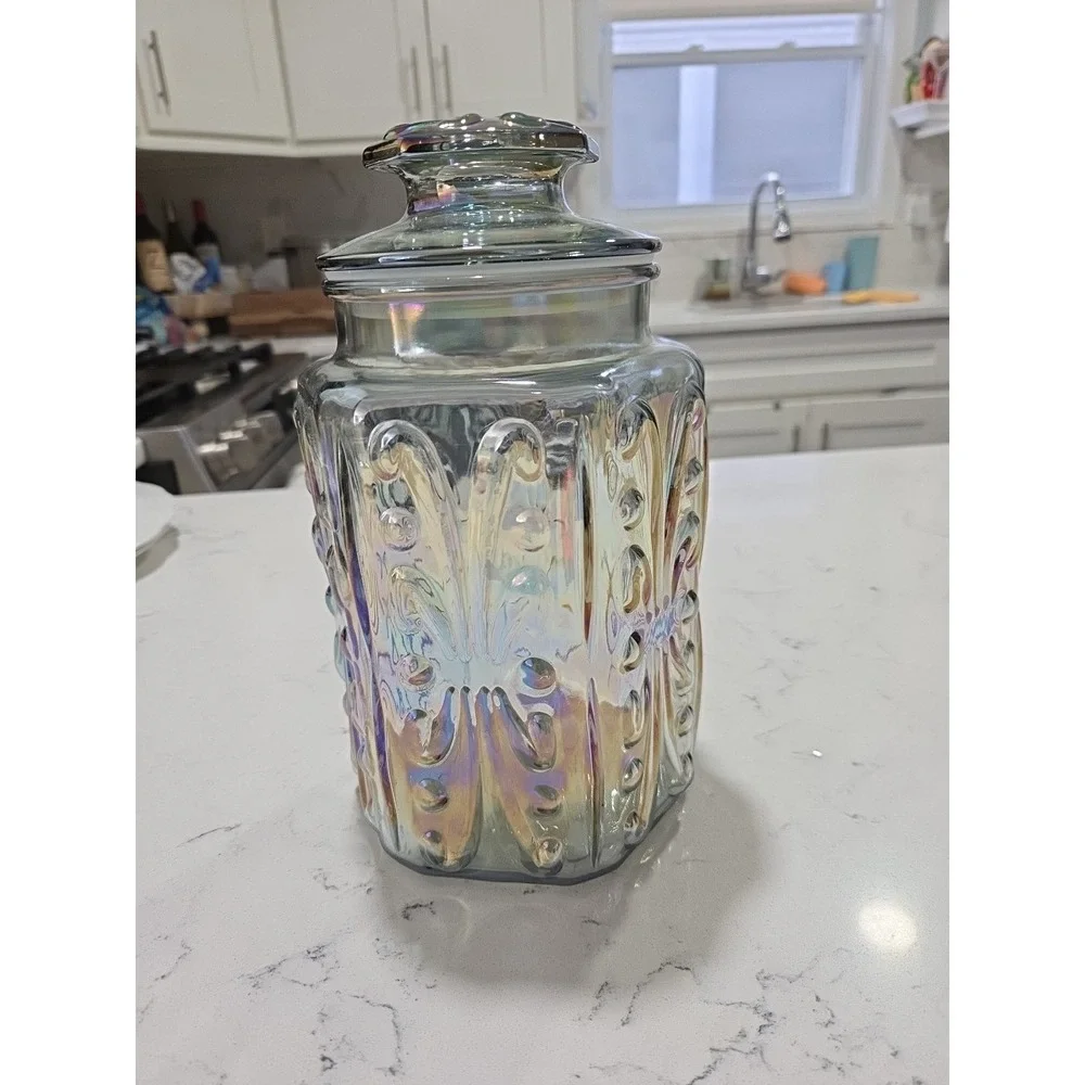Vintage LE Smith Imperial Atterbury Scroll Canister Jar Iridescent Carnival 9